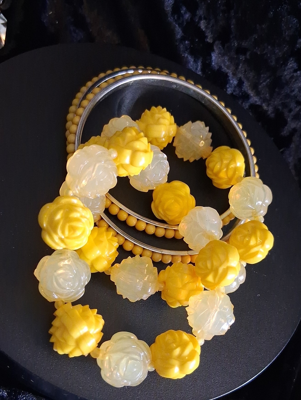 Vintage Butter Cream Yellow and Cream Carved Floral Bracelet Set